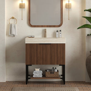 English Elm Yolan 30 Inch Freestanding Bathroom Vanity Plywood Cabinet Sintered Stone Top Oak Finish W2615S00653