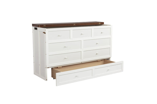 English Elm Murphy Cabinet Queen Bed Solid Pine Frame with Built-in Charging Station for Guest Rooms White+Walnut W504S00193