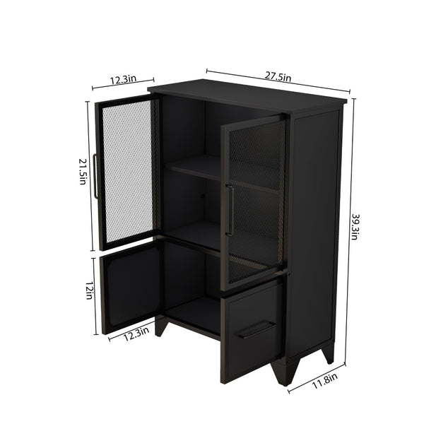 English Elm Storage Cabinet Matte Iron Four Door Sideboard with Adjustable Shelf for Modern Interiors Black W3151P407882