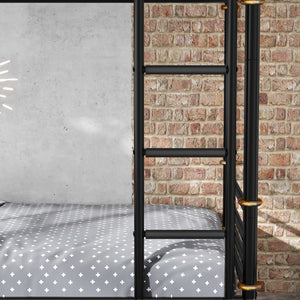 English Elm Quad Quad Bunk Bed for 4 Kids - Heavy Duty Metal Twin Frame, Detachable Triple Layout, Rustic Black Wood Finish, 250lb Capacity Each, Space-Saving Modular Design W2580S00020