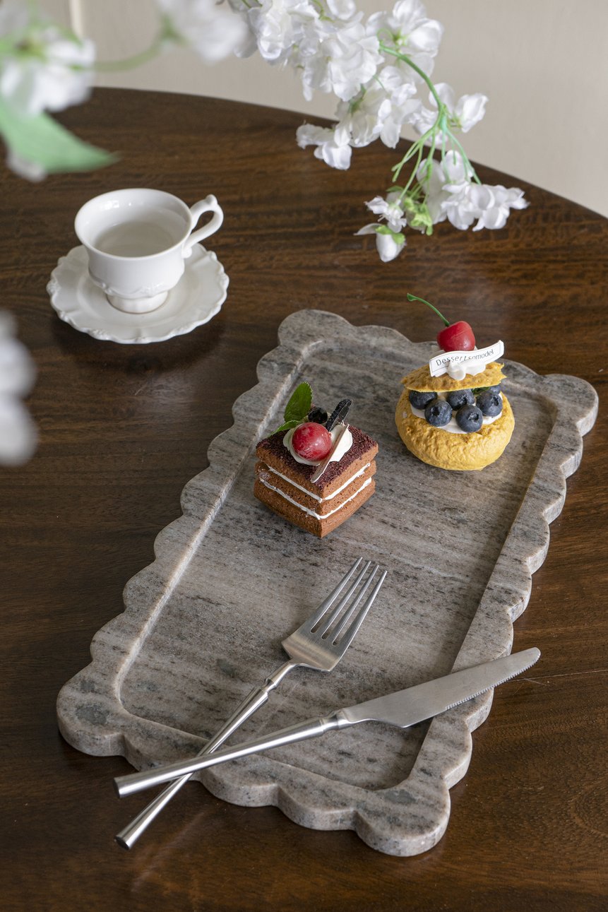 English Elm 14x8" Scalloped Marble Tray with Natural Gray Finish for Entertaining, Organizing, and Displaying Elegance W2078P359174