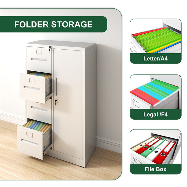 English Elm Metal Storage Vertical Filing Cabinet with 4 Drawers and Side Wardrobe, Steel Ball-Bearing Suspension, Secure Locking Organizer for Home Office and Bedroom White T2398P272102