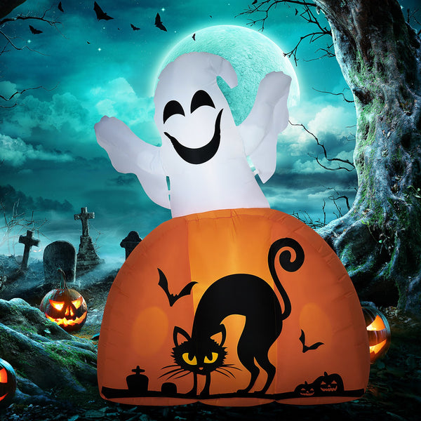 English Elm HOMCOM 5ft Halloween Inflatable Ghost with Painted Pumpkin Base, LED Lights, Stakes & Easy Setup W2225P217529