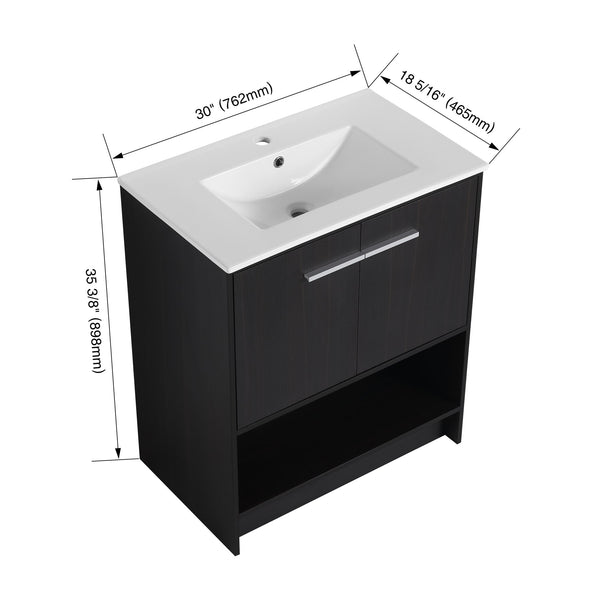 English Elm 30" Freestanding Bathroom Vanity With Soft Closing Doors & Integrated Ceramic Sink For Modern Spaces W1972S00018