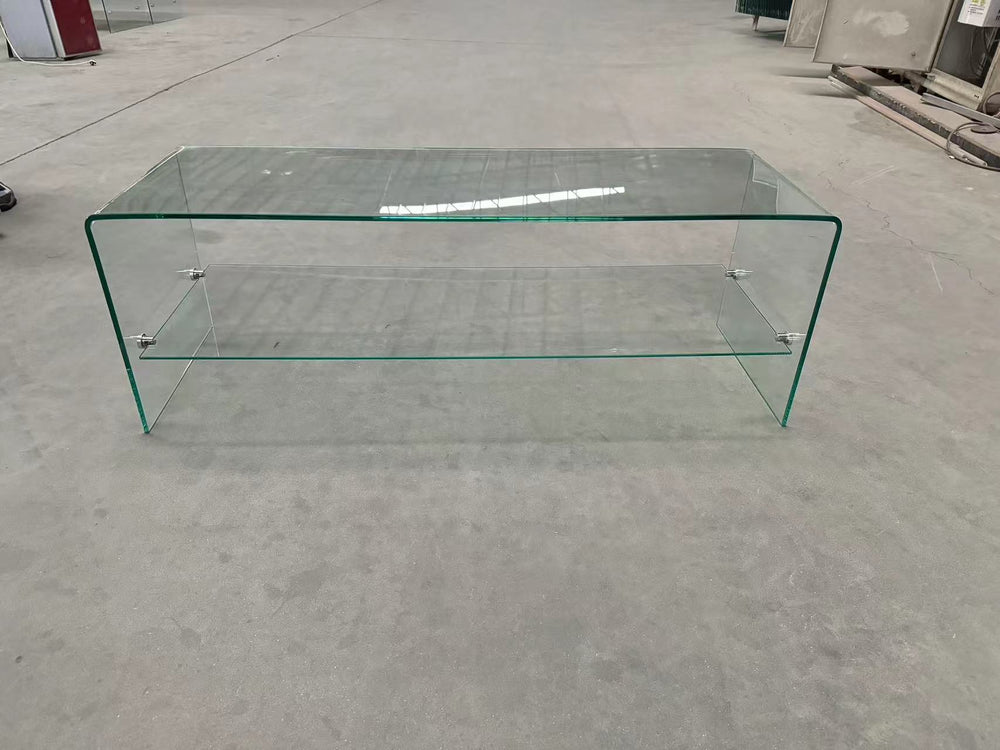 English Elm Clear Tempered Bent Glass TV Table – Transparent End Sofa Side Table, Durable Waterproof, No-Assembly, Kid-Safe Design for Home and Events W1718P242508