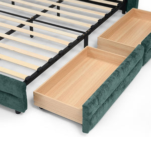 English Elm Queen Chenille Upholstered Storage Bed Wingback Headboard Platform Frame Bedroom Blue+Green W487S00419