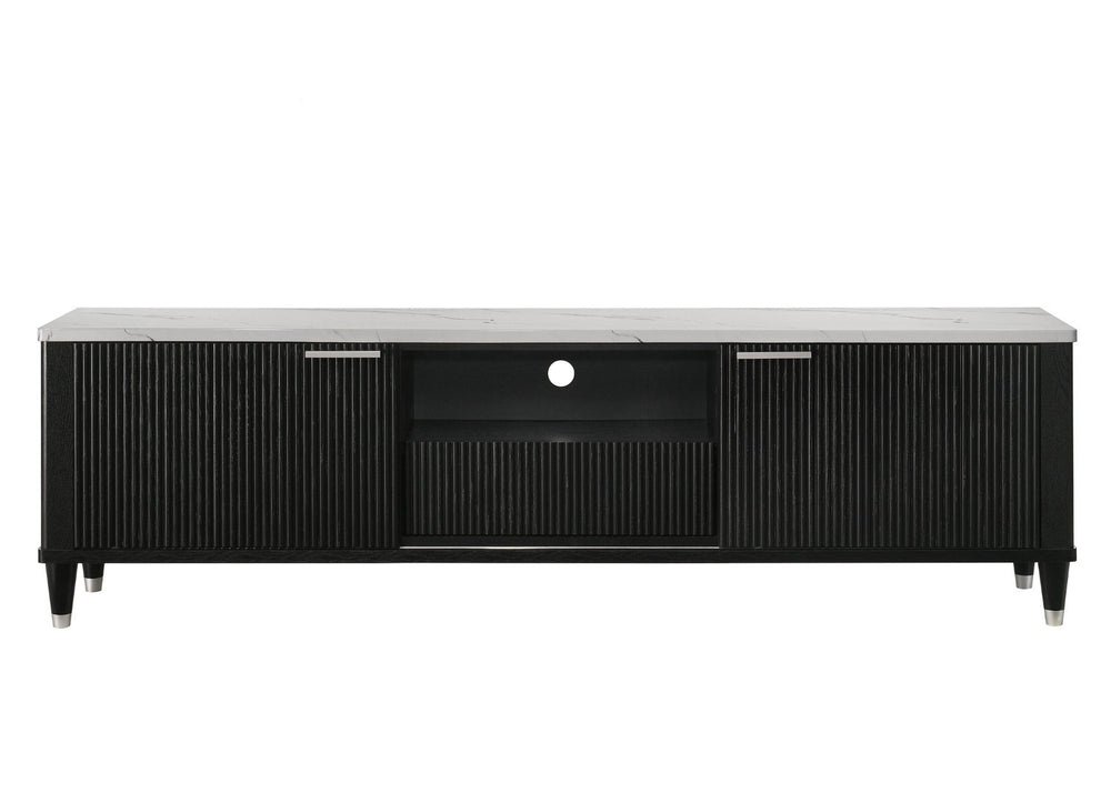 English Elm 1pc Mid-century Media Console Faux Marble Surface Ribbed Cabinet Tapered Legs 79in Black,White B2741P483126