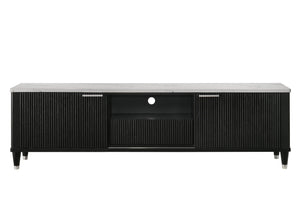English Elm 1pc Mid-century Media Console Faux Marble Surface Ribbed Cabinet Tapered Legs 79in Black,White B2741P483126
