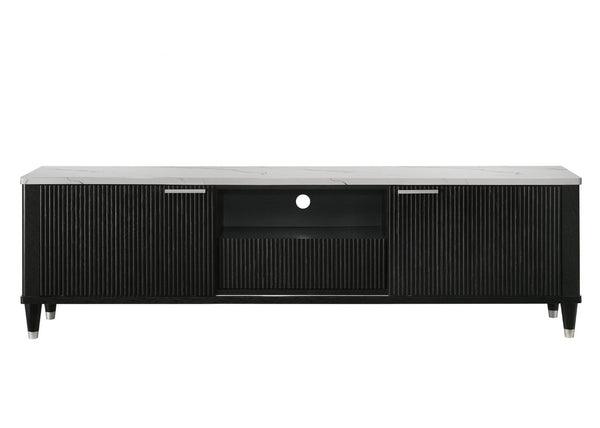 English Elm 1pc Mid-century Media Console Faux Marble Surface Ribbed Cabinet Tapered Legs 79in Black,White B2741P483126