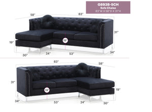 English Elm Glory Pompano Velvet Sofa Chaise G893B-SC Black - Mid-Century Tufted Arms, Chrome Legs, Coil Cushions B078S00508
