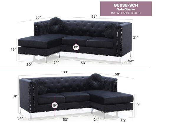 English Elm Glory Pompano Velvet Sofa Chaise G893B-SC Black - Mid-Century Tufted Arms, Chrome Legs, Coil Cushions B078S00508