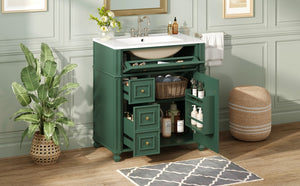 English Elm Bathroom Vanity with Sink French-Inspired 30" Ceramic Basin Vanity Cabinet with Soft-Close Doors & Drawer Organizer Green N710P286723F