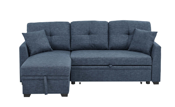 English Elm 76.5" Chenille Tufted Sectional Sleeper Sofa with Reversible Chaise and Hidden Storage Dark Blue B2748S00003