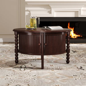 English Elm Vintage Round Coffee Table With Hidden Storage - Mid Century Modern Accent Table For Small Spaces N735P277387D-GIGA