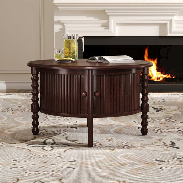 English Elm Vintage Round Coffee Table With Hidden Storage - Mid Century Modern Accent Table For Small Spaces N735P277387D-GIGA