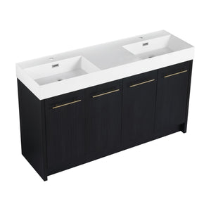 English Elm 60 Inch Freestanding Bathroom Vanity With Resin Double Sink & Soft-Close Doors For Modern Spaces W999S00181