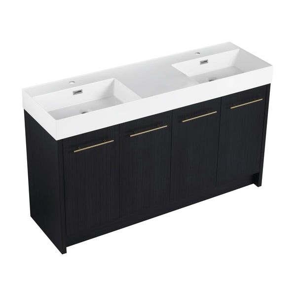 English Elm 60 Inch Freestanding Bathroom Vanity With Resin Double Sink & Soft-Close Doors For Modern Spaces W999S00181