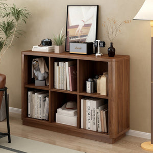 English Elm 6 Cube Farmhouse Bookcase Low Horizontal Wood Shelf Walnut Finish for Living Room W2641P460042