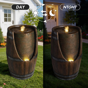 English Elm Outdoor Rustic Barrel Resin Fountain with Led Lights Farmhouse Waterfall Patio Decor Brown Gray W5397P454560