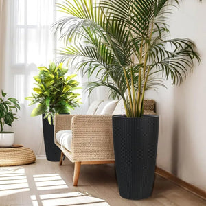 English Elm Set of 2 Faux Rattan Tall Outdoor Planters with Auto Watering and Water Level Monitor Black W3213P325373