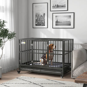 English Elm Pawhut Heavy Duty Metal Dog Kennel with Locking Wheels Dual Access and Slide Out Tray W2225P217161