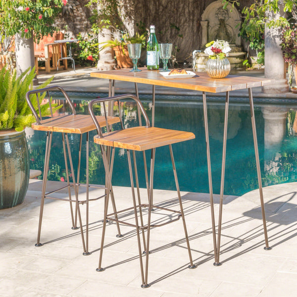 English Elm Christopher Knight Home® - DENALI Industrial Teak Acacia Wood & Rustic Metal Outdoor Bar Set — 3-Piece Patio Table & Stools 61326.00