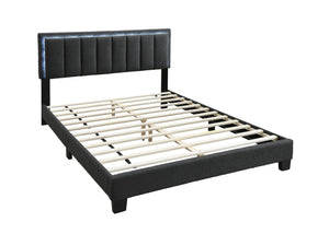 English Elm 1pc Queen Size Bed Wool Upholstered Platform with Channel Tufted Headboard and Built‑In LED Lighting Charcoal 66 L x 29 W x 9 H B011P238968