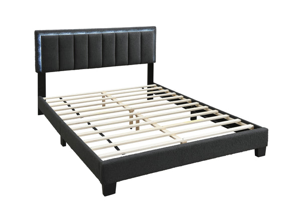 English Elm 1pc Queen Size Bed Wool Upholstered Platform with Channel Tufted Headboard and Built‑In LED Lighting Charcoal 66 L x 29 W x 9 H B011P238968