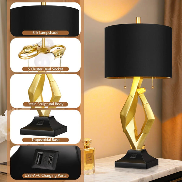 English Elm 25.5in Gold Resin Sculptural Bedside Lamp Set with Black Linen Shades and Usb Ports W3355P440837