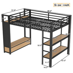 English Elm Full Size Loft Bed Frame With Integrated Wardrobe, Storage Shelves, And Pegboard For Smart Living W1580S00232
