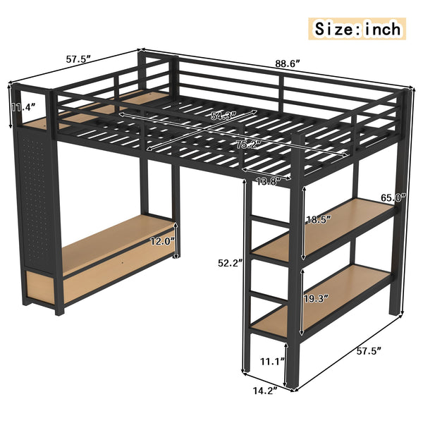 English Elm Full Size Loft Bed Frame With Integrated Wardrobe, Storage Shelves, And Pegboard For Smart Living W1580S00232