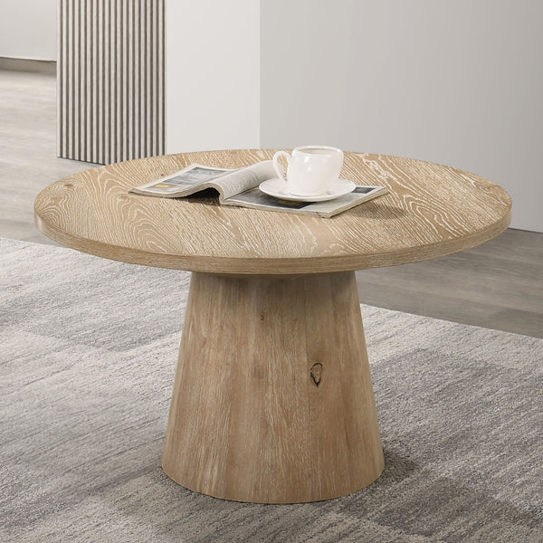 English Elm Contemporary Round Coffee Table With Cone Base - Warm Oak Finish, Stylish Design For Modern Living Rooms B2741S00441