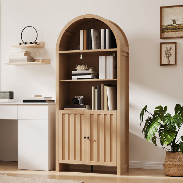 English Elm 71" Tall Farmhouse Bookshelf with Arched Top and Lower Cabinet, Rustic Slatted Doors, Sturdy Design Natural T3771P371395
