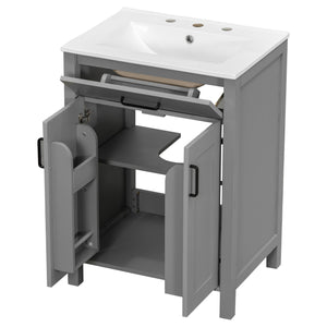 English Elm 24"Bathroom Luxurious Space-Saving Vanity with Ceramic Sink, Solid Wood Frame, Soft-Close Doors and Storage Grey N729P183716E