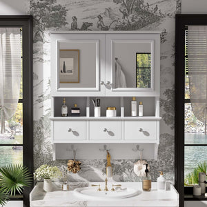 English Elm 4-in-1 Wall Mounted Bathroom Cabinet with Mirror Drawers and Towel Hooks Vanity White N710P405416K