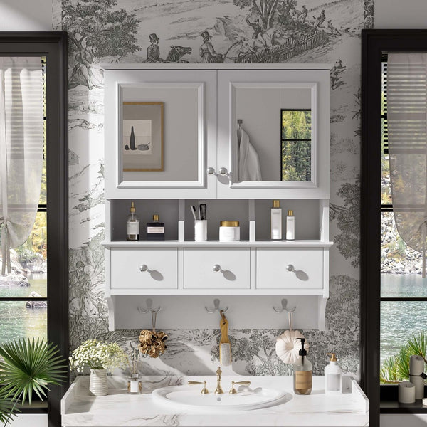 English Elm 4-in-1 Wall Mounted Bathroom Cabinet with Mirror Drawers and Towel Hooks Vanity White N710P405416K