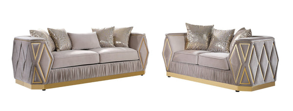 English Elm Cavalli Diamond Upholstered Sofa and Loveseat Set with Gold Accents for Modern Living Taupe+Gold B009S02180