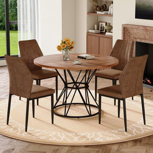 English Elm Table and Chair Set Walnut Round Dining with Hourglass Base Four Fabric Seats W1151S04859