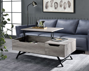 English Elm Throm Gray Oak Lift-Top Coffee Table with Hidden Storage Drawer, Industrial Splayed Iron Legs — Modern centerpiece B2726P251671