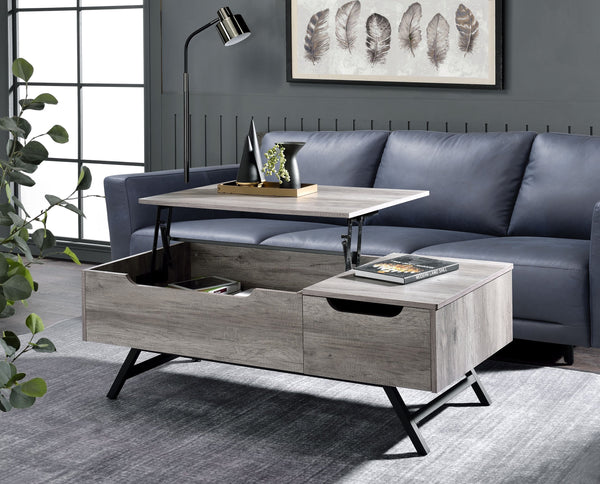English Elm Throm Gray Oak Lift-Top Coffee Table with Hidden Storage Drawer, Industrial Splayed Iron Legs — Modern centerpiece B2726P251671