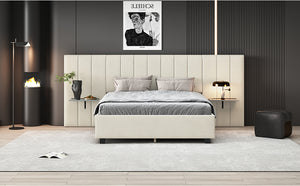 English Elm Queen Upholstered Platform Bed with Oversized Velvet Headboard, Built-In Shelves, Modern Comfort and Support for Relaxation Beige SF000138AAA
