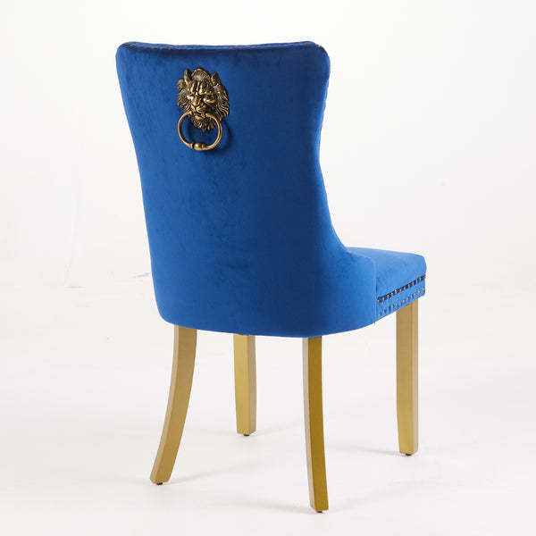 English Elm Mid-Century Tufted Velvet Dining Chair with Lion Head Ring, Nailhead Trim, Solid Wood Legs Blue W1143P193169