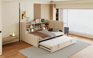 English Elm Twin Upholstered Daybed with Pull-Up Trundle, Velvet High Back with Shelves, Flip Storage & USB Beige SF000194AAA