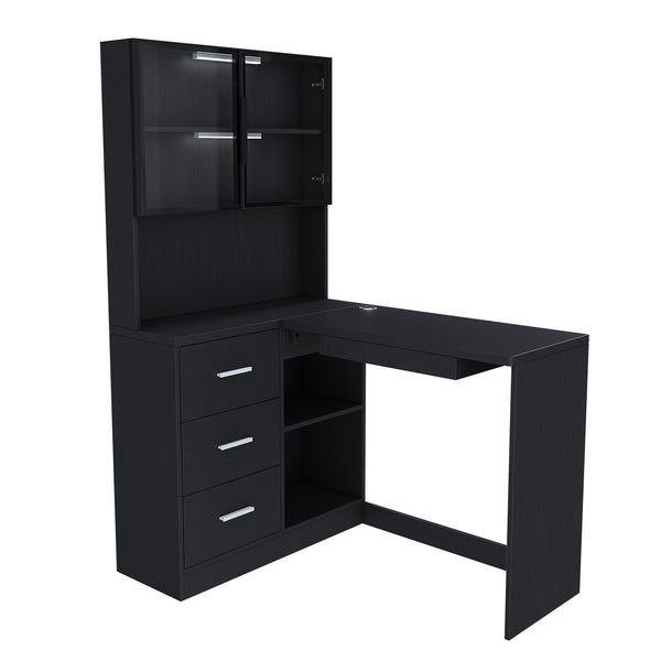 English Elm Computer Corner L-Shaped Desk with Glass Cabinets, Built-In LED, USB Ports, Keyboard Tray, Ergonomic Design Black W2699P345804