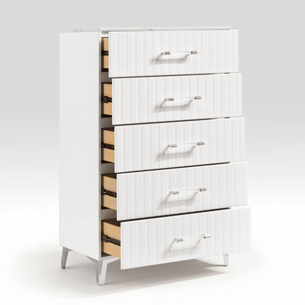 English Elm Glam White Five Drawer Chest Faux Marble Top Chrome Legs Bedroom Storage B011P443205