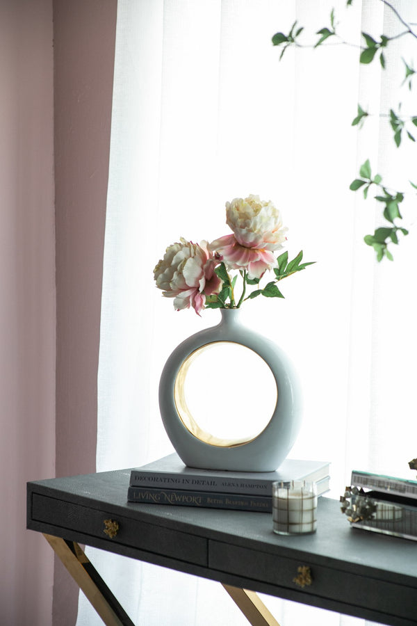 English Elm 11x3.1x12" Round Vase White/Gold — Modern Open-Center Ceramic Accent with Narrow Neck, Sleek Tabletop Decor W2078P391071