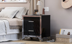 English Elm High Gloss Mirrored 2 Drawer Nightstand Slim Metal Legs Modern Bedroom Side Table Black W5271P416537