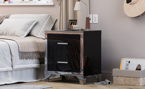 English Elm High Gloss Mirrored 2 Drawer Nightstand Slim Metal Legs Modern Bedroom Side Table Black W5271P416537
