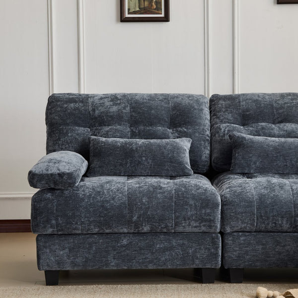 English Elm 119" 4-Seater Sofa with 2 Ottomans - Adjustable 4-Position Backrests, 350lb/Seat, Plush Chenille Blue W2606S00038