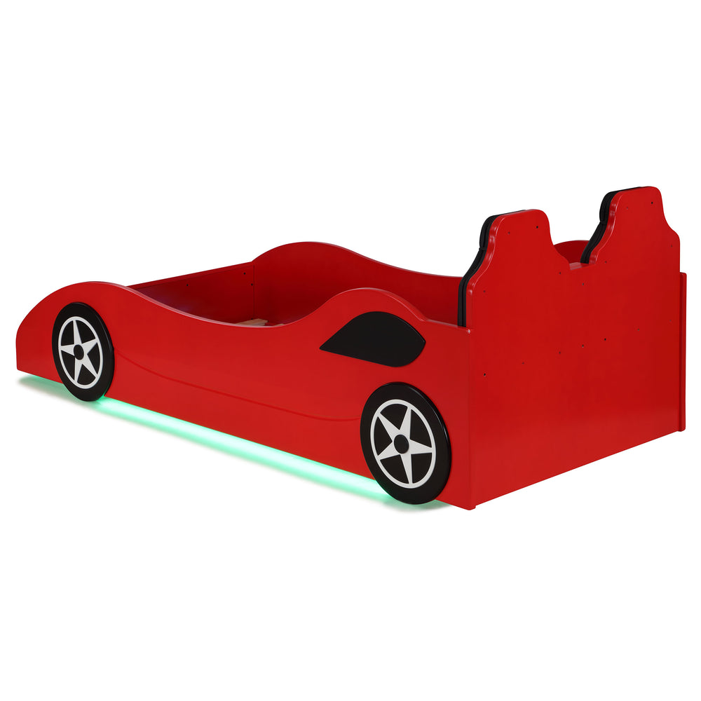English Elm Solana Race Car Twin Bed with LED Underglow Lights, Padded Seat Headboard & Realistic Wheels - Red B062S01111